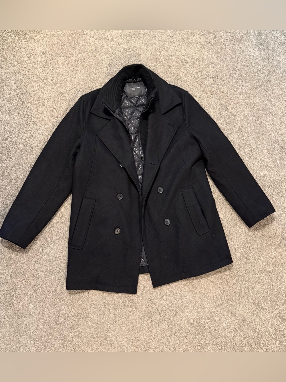 Marc New York Men's Black Double-Breasted Peacoat with Quilted Lining Wool Blend